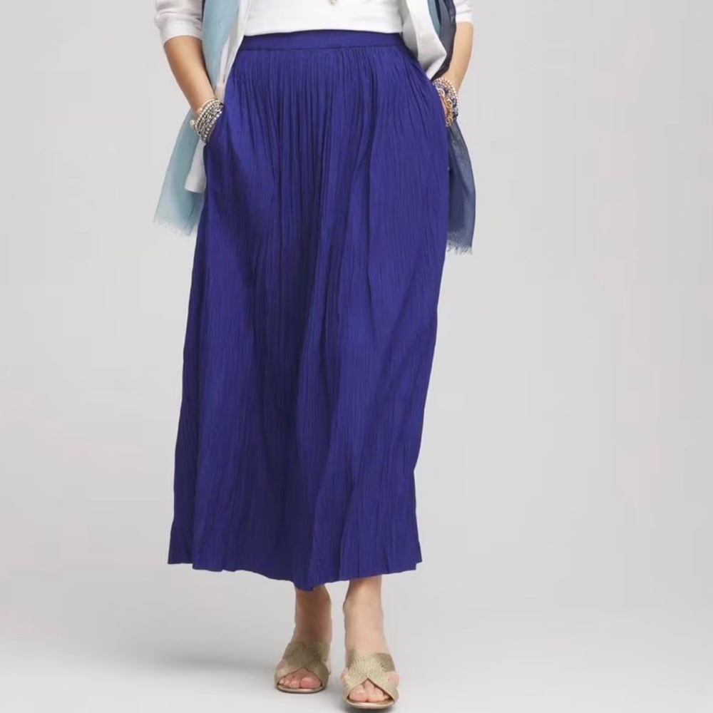 Chico’s Pull On Pleated Royal Blue A Line Maxi Skirt Loose Fit NWT Plus Size XL